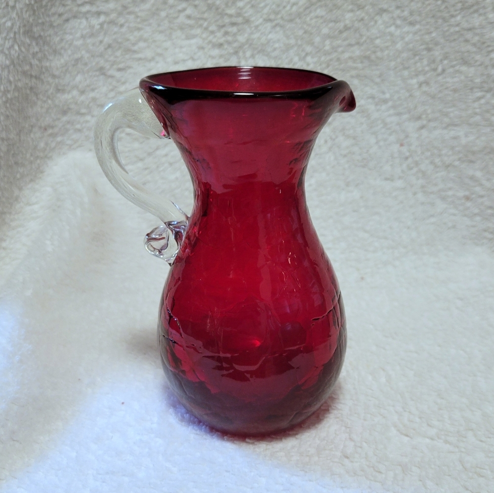 Pilgrim art glass ruby red crackle pitcher vintage